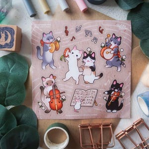 Stickers musique et chats - Stickers chats musicaux adorables | Stickers fantaisistes et amusants pour les journaux et le bricolage