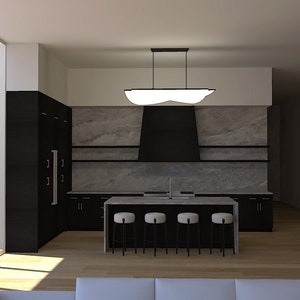 Puede incluir: Una cocina moderna con gabinetes negros, una isla grande con taburetes de bar y un salpicadero de mármol gris. Una gran luminaria rectangular blanca cuelga sobre la isla.