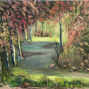 May include: A painting of a forest scene with a path leading into the woods. The trees are a mix of green, brown, and red, and the path is lined with green grass. The painting has a light and airy feel, and the colors are soft and muted.