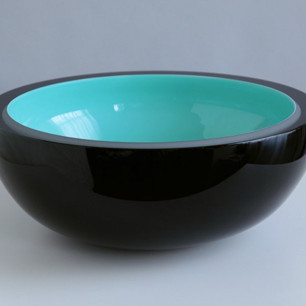 RESERVED Wintergreen Tuxedo Hand Blown Glass Bowl in Black and Turquoise