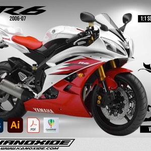 May include: A white and red Yamaha R6 motorcycle with black graphics. The motorcycle is a 2006-2007 model. The image includes a template for a full motorcycle wrap, with separate pieces for the front, sides, and rear of the motorcycle.