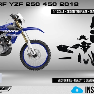 May include: A Yamaha WRF YZF 250 450 2018 motorcycle graphic template. The template includes a full-color image of the motorcycle and a black and white outline of the motorcycle's body panels. The template is available in PDF, EPS, and CDR formats.