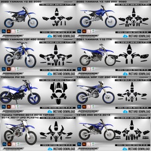 Könnte beinhalten: Eine Collage aus acht verschiedenen Yamaha-Motocross-Grafikvorlagen. Jede Vorlage enthält ein farbiges Bild des Motorrads und eine schwarz-weiße Umrandung der Karosserieteile des Motorrads. Die Vorlagen sind mit dem Modellnamen und dem Baujahr des Motorrads beschriftet. Der Text "INSTAND DOWNLOAD" erscheint auf jeder Vorlage.