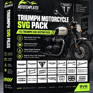 May include: A black product box for a Triumph motorcycle SVG pack containing 113 vector files. The box features a white and black Triumph motorcycle, the Mototemplates logo, and a grid displaying various Triumph model logos and text designs.