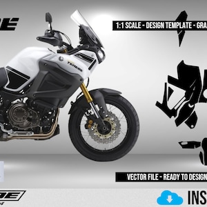 May include: A white Yamaha Super Tenere motorcycle with black accents. The motorcycle is shown with a full set of graphic templates for the motorcycle's bodywork. The templates are shown in black and are ready to be printed and applied to the motorcycle. The image includes the text "SUPER TENERE" and "HANOXIDE".
