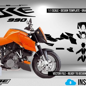 May include: A black and orange motorcycle with the words "DUKE 990" on the side. The motorcycle is shown with a full set of black vinyl decals for the bodywork. The decals are shown in a 1:1 scale and are ready to be printed.