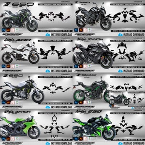Könnte beinhalten: Eine Sammlung von Motorradbildern, die jeweils ein anderes Modell und Baujahr zeigen. Die Motorräder sind in verschiedenen Farben erhältlich, darunter Schwarz, Grün und Weiß. Jedes Motorrad wird von einer grafischen Vorlage begleitet. Der Text enthält "Z650", "Z750", "Ninja 400", "Ninja ZX-10R", "Z900" und "Ninja 650".
