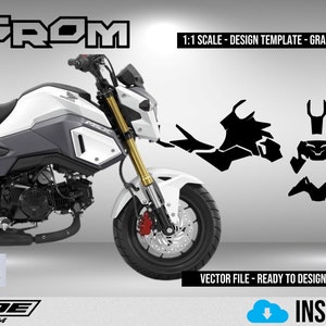May include: A white and gray Honda Grom motorcycle with gold accents. The motorcycle is shown with a black and white graphic design template for a full body wrap. The template is labeled "GROM" and "HANOXIDE".