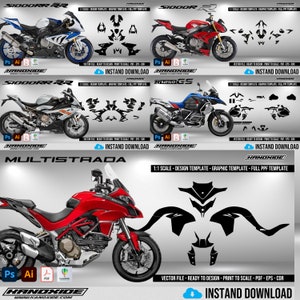 May include: A digital download template for motorcycle graphics. The template features a black and white design for a Ducati Multistrada motorcycle. The template is available for instant download.