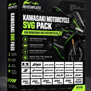 Può includere: Una scatola rettangolare nera con una grafica di moto Kawasaki e accenti verdi. Il testo recita Kawasaki Motorcycle SVG Pack, 168 Kawasaki SVG Vector Files, ed elenca vari nomi di modelli come Ninja, ZX-10R, Z900 e Vulcan in una griglia.