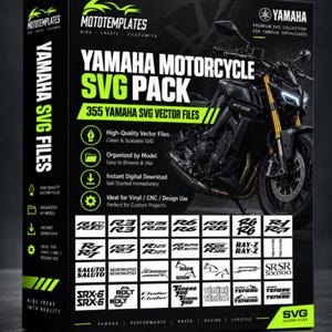 May include: A black product box for a Yamaha Motorcycle SVG Pack containing 355 vector files. The box features a graphic of a black Yamaha MT-09 motorcycle, the Mototemplates logo, and a grid displaying various Yamaha model logos and text.