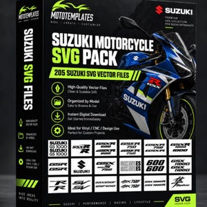 May include: A black rectangular box featuring a blue Suzuki motorcycle graphic and the text Suzuki Motorcycle SVG Pack. The box displays 205 Suzuki SVG vector files, including various model logos like GSXR, GSX, and Hayabusa, with green accents.