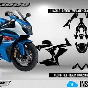 以下が含まれることがあります： スズキ GSX-R 1000 モーターサイクル用の白黒のグラフィックテンプレート。テンプレートには、モーターサイクルの全身のアウトラインと、フェアリング、タンク、その他の部品の個々の部品が含まれています。テンプレートは 1:1 スケールで、カスタムグラフィックやペイントジョブに使用するために印刷する準備ができています。