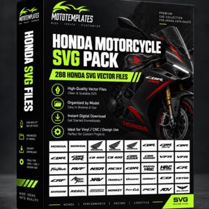 Puede incluir: Una caja rectangular negra que presenta un paquete SVG de motocicleta Honda con 288 archivos vectoriales. La caja muestra una motocicleta Honda CBR negra, el logotipo de Mototemplates y una cuadrícula de varios logotipos de modelos Honda, incluidos CBR, FireBlade y Africa Twin.