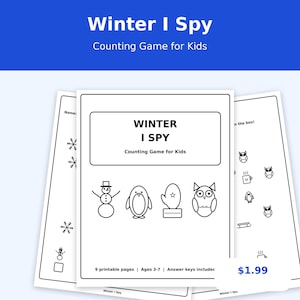 Puede incluir: Un conjunto de hojas de actividades imprimibles tituladas Winter I Spy Counting Game for Kids. Las páginas presentan dibujos de líneas en blanco y negro de un muñeco de nieve, pingüino, manopla y búho para ejercicios de conteo.