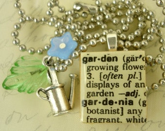 GARDEN Vintage Dictionary Scrabble  Necklace with  Watering Can Charm Upcycled Garden Lover Game Piece Jewelry