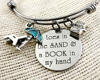 Toes In the Sand BOOK In my Hand  Beach Bracelet or Necklace - Engraved Book Lover Beach Cruise Jewelry - Ocean