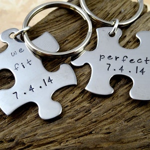 Puzzle Piece  Couples Keychain Set - Personalized Custom -  We Fit Perfectly with Dates - Valentine's Day Husband Fathers Da