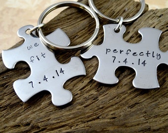 Puzzle Piece  Couples Keychain Set - Personalized Custom -  We Fit Perfectly with Dates - Valentine's Day Husband Fathers Da