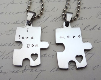 Puzzle Piece Couples Necklace or Key Chain  Set -  His & Hers - I Love You More- Fiance BFF Boyfriend Fathers Day - Valentine's Day