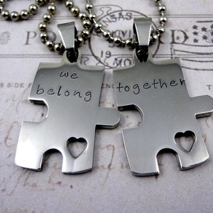 Puzzle Piece Couples Necklace  Set - Hand Stamped Custom - His & Hers - We Belong Together- Fiance BFF Boyfriend Husband Partner Fathers Day