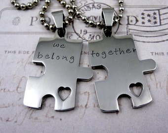 Puzzle Piece Couples Necklace  Set - Hand Stamped Custom - His & Hers - We Belong Together- Fiance BFF Boyfriend Husband Partner Fathers Day