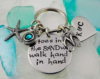 Toes In the Sand We Walk Hand In Hand Hand  Key Ring for Men Women - Groom Fiance Husband - Vacation Cruise - Valentine's Day