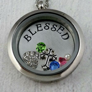 BLESSED Memory Locket Necklace - Personalized - Floating Locket Charms - Religious Necklace - Engraved Lockets