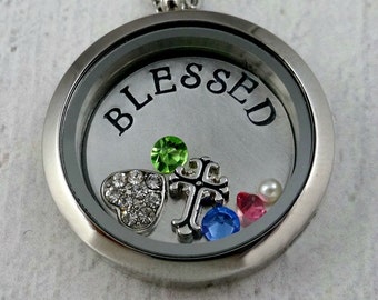 BLESSED Memory Locket Necklace - Personalized - Floating Locket Charms - Religious Necklace - Engraved Lockets