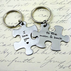 I  Love You to Moon & Back Couples Keychain or Necklace  Set - Puzzle charms - Fiance BFF Boyfriend Husband  Fathers Day Valentine's Day