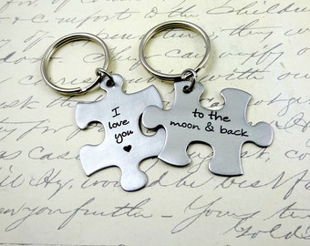 I  Love You to Moon & Back Couples Keychain or Necklace  Set - Puzzle charms - Fiance BFF Boyfriend Husband  Fathers Day Valentine's Day