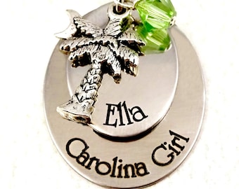 Carolina Girl Necklace - Personalized Engraved Necklace Palm Tree Moon Birthstone - Southern SC NC GA