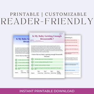 Puede incluir: Se muestran tres documentos imprimibles, personalizables y fáciles de leer con el título "Is My Baby Getting Enough Breastmilk?". Los documentos tienen un fondo blanco con texto y casillas de verificación. Los documentos son en tonos de azul, rosa y morado.