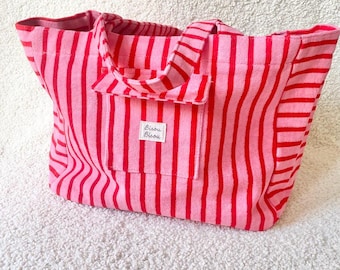 Frottee XL Shopper Rosa/Rot – Streifen Design - Strandtasche mit Reißverschluss - Baumwolltasche für Urlaub und Alltag -große Einkaufstasche