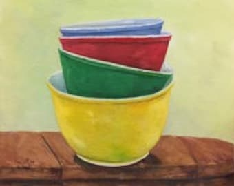 Vintage Colorful Mixing Bowls Original Painting | Pyrex Mixing Bowl Painting