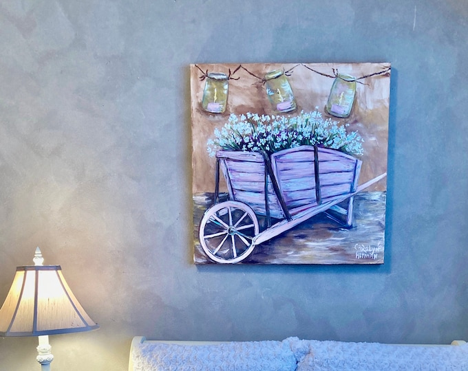 Rustic Pink Wheelbarrow and  Baby's Breath Painting