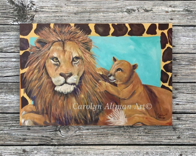 Lion and Baby Lion Cub Painting | Acrylic Medium Original Painting | Giraffe Border and Turquoise Background