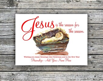 Jesus is the Reason for the Season 5x7 inch Panel Christmas Cards Package of 12 | Personalized Christmas Card