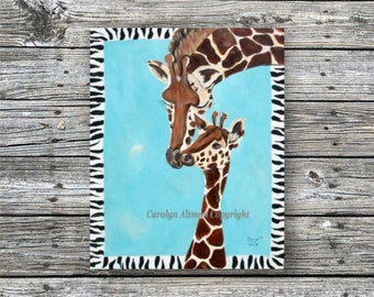 Giraffe and Baby Artist Original Painting, Turquoise, Zebra Print Border, Brown, White