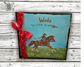 Little Rancher Baby Memory Book | Hand Painted Horse and Rider Personalized Cover | Cowboy Cowgirl Scrapbook Keepsake | Glory Bee Baby Book