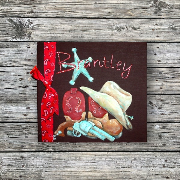 Cowboy Baby Memory Book, Hand Painted Cover, Cowboy Hat, Boots and Pistol Painted and Personalized, Scrapbook Style, Matching Pages