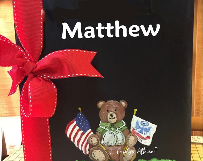 Patriotic Teddy Bear Baby Memory Book | Teddy Bear Holding US Army Flag and Wears Dog Tags