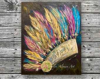 Indian Headdress Wooden Door or Wall Hanging  Hand Painted and Personalized, 24" x 20", Carolyn Altman, Artist