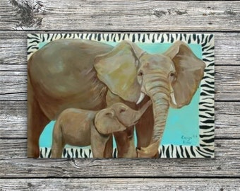 Elephant and Baby Artist Original Painting with Turquoise back and Zebra Border, 24 inches X 36 inches, Acrylic Medium, Elephant Note Cards