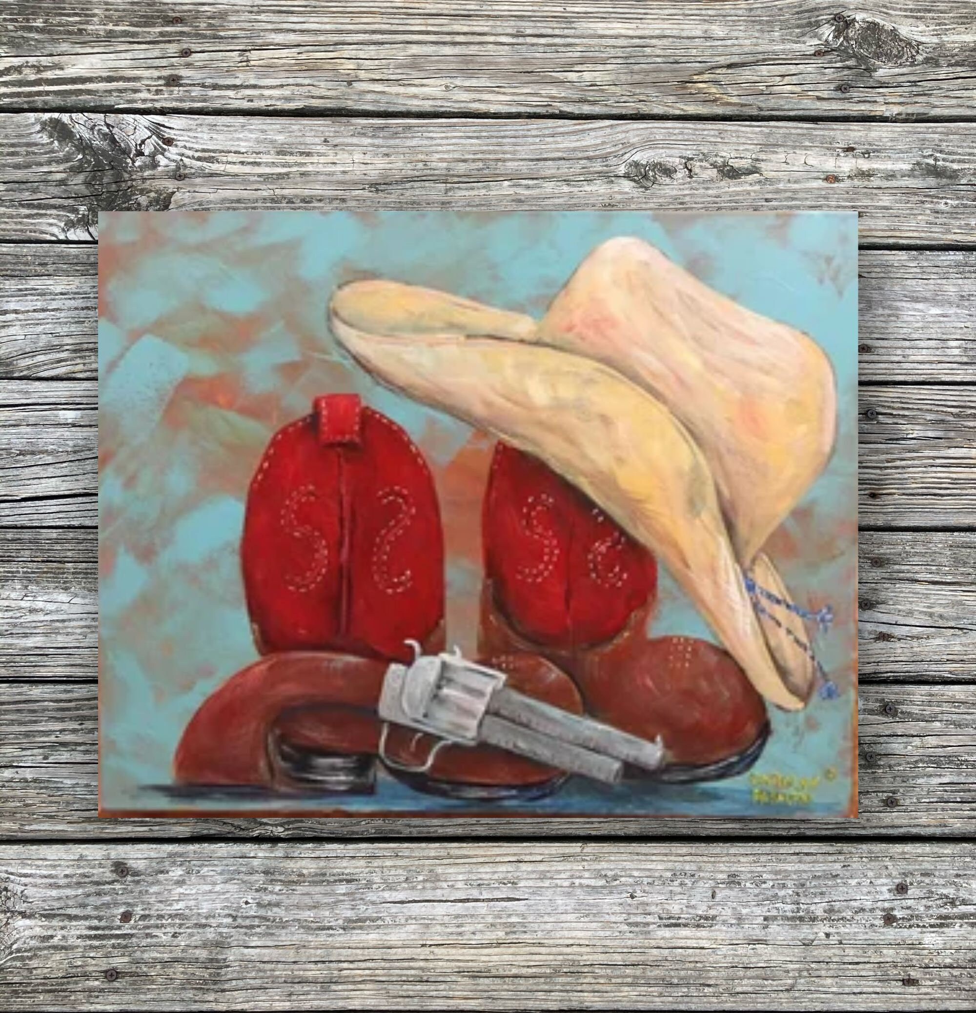 Little Cowboy Duds Original Painting Art Prints and Note Cards Western Art Prints Red top Boots and Cowboy Hat Painting Pistol