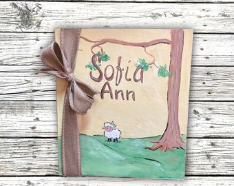 Little Lamb Baby Memory Book Hand Painted Personalized Cover, Sizes of book are 12x12 and 8.5x11 inch - These are the page sizes.