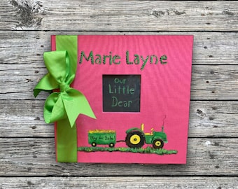 Little Farm Girl Baby Memory Book | Hot Pink Hand Painted and Personalized Cover | Farm Baby Keepsake Book