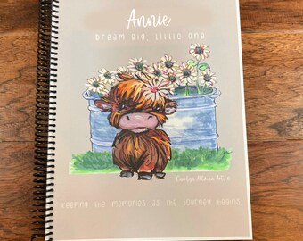 Custom Design Highland Cow Baby Memory Keepsake Book Scrapbook Style | Hand Painted Cover | A Personalized Gift| Highland Cow and Daisy