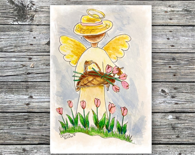 Angel with a Message of Hope Greeting Cards, Note Cards and Angel Art Prints | Pink Tulips and Angel Design