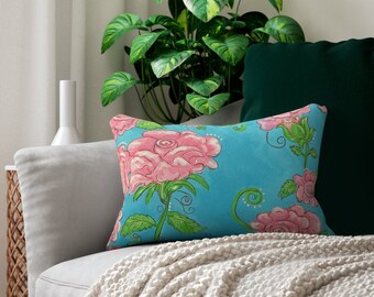 Rosebud and Turquoise Sky Spun Polyester Lumbar Pillow | 20" x 14"